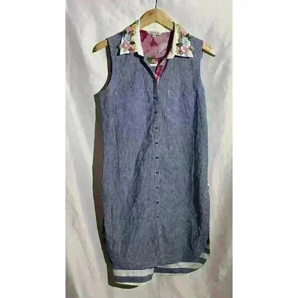 John Mark Shirt Dress‎ Sleeveless Tunic Embroidered Floral Collar Trim Size Med